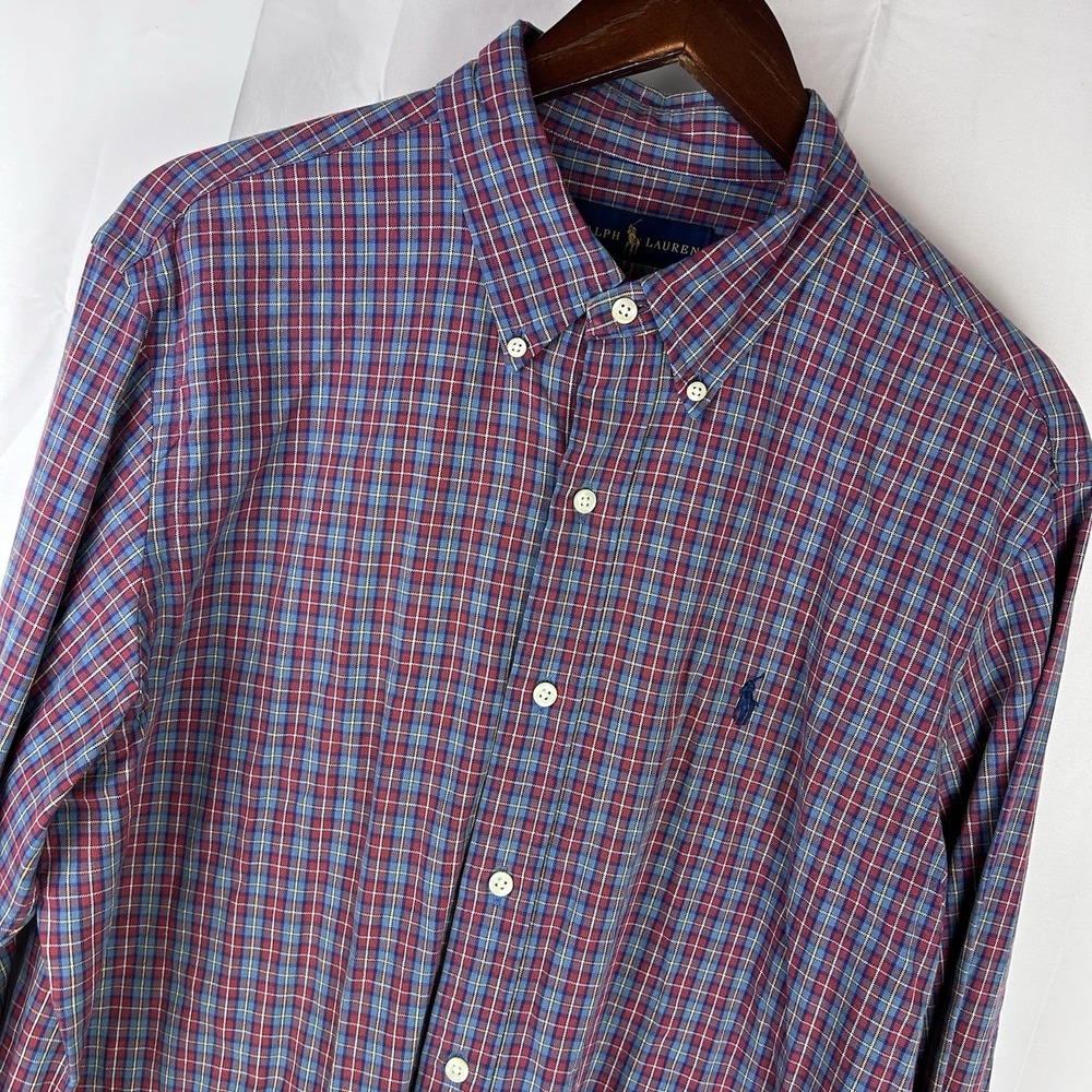 Ralph Lauren Shirt Mens Large Blue Red Yellow Plaid Long Sleeve Colorful Pony
